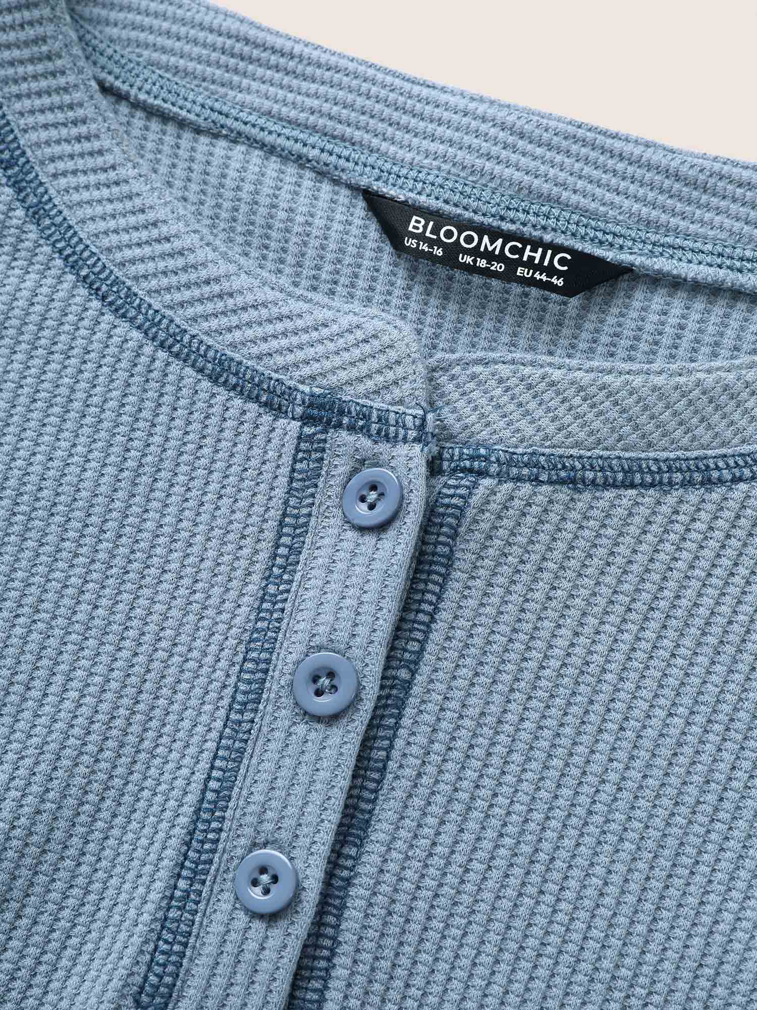 Waffle Knit Round Neck Button Up T-shirt Waffle Knit Round Neck Button Up T-shirt