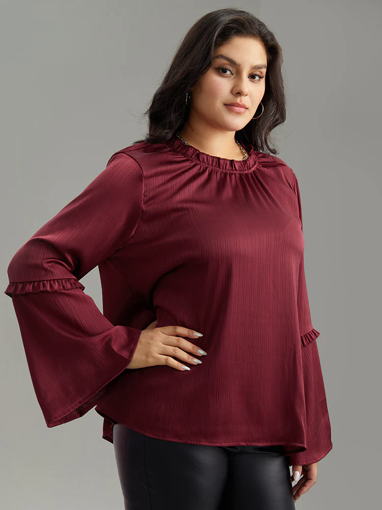 Anti-Wrinkle Plain Frill Trim Bell Sleeve Blouse Anti-Wrinkle Plain Frill Trim Bell Sleeve Blouse