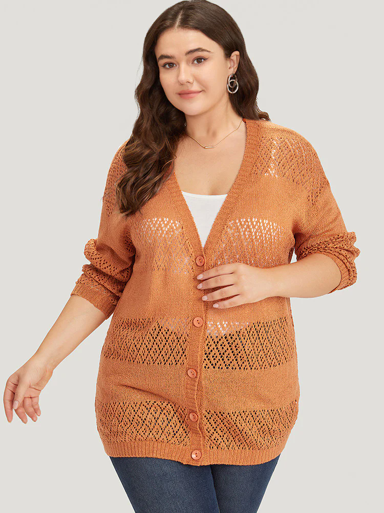 Plain Geometric Eyelet Button Through Loose Cardigan Plain Geometric Eyelet Button Through Loose Cardigan