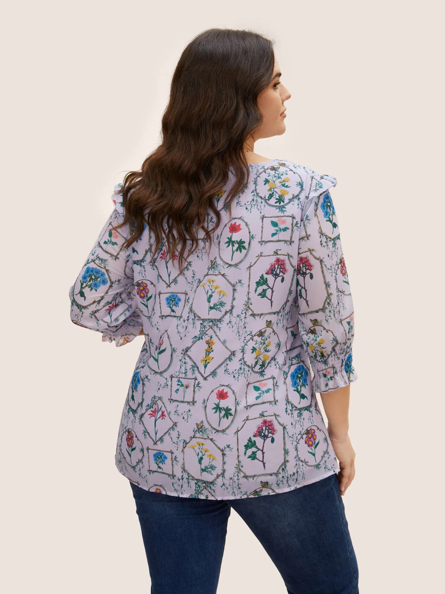 Boho Print Lantern Sleeve Ruffle Trim Blouse Boho Print Lantern Sleeve Ruffle Trim Blouse