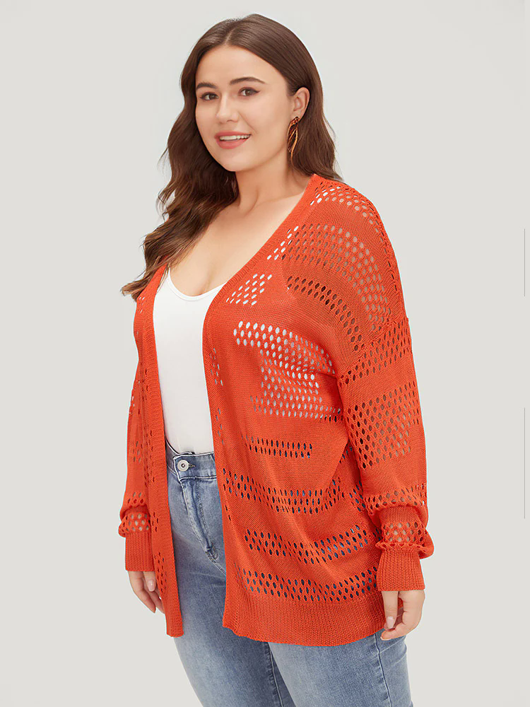 Plain Open Front Elastic Sleeve Cut Out Cardigan Plain Open Front Elastic Sleeve Cut Out Cardigan