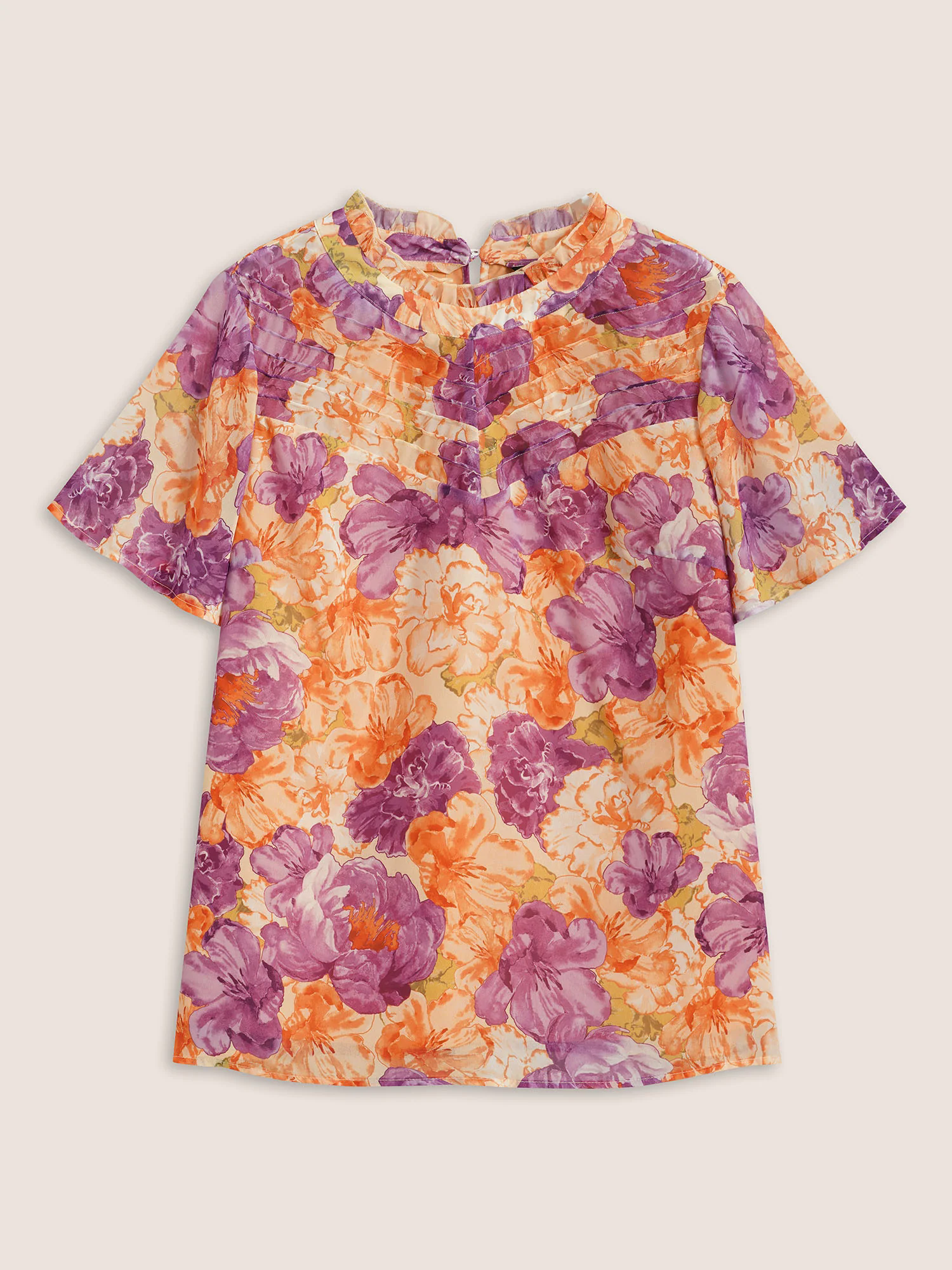 Mock Neck Contrast Floral Flutter Sleeve Blouse Mock Neck Contrast Floral Flutter Sleeve Blouse