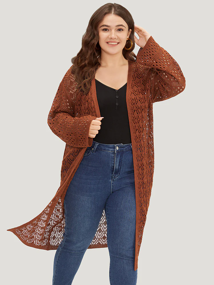 Plain Hollow Out Split Side Maxi Cardigan Plain Hollow Out Split Side Maxi Cardigan