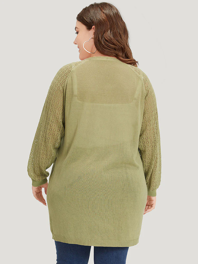 Solid Patched Pocket Geometric Eyelet Raglan Sleeve Cardigan Solid Patched Pocket Geometric Eyelet Raglan Sleeve Cardigan