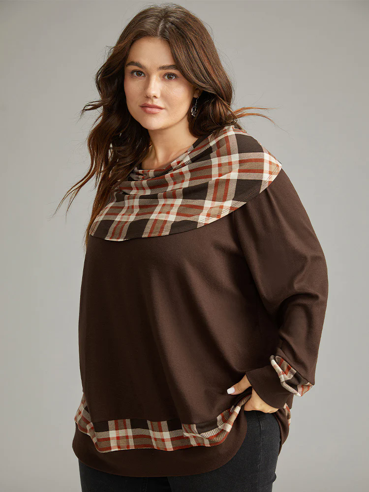 Halloween Plaid Patchwork Cowl Neck T-shirt Halloween Plaid Patchwork Cowl Neck T-shirt