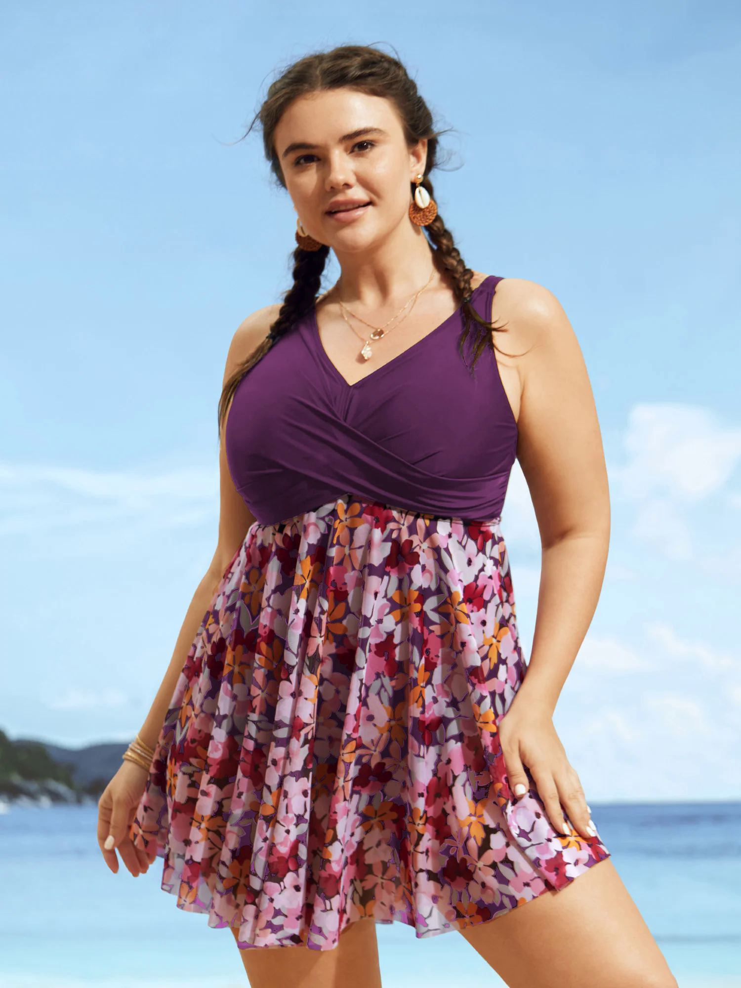 Floral Patchwork Mesh Crossover Swim Dress Floral Patchwork Mesh Crossover Swim Dress