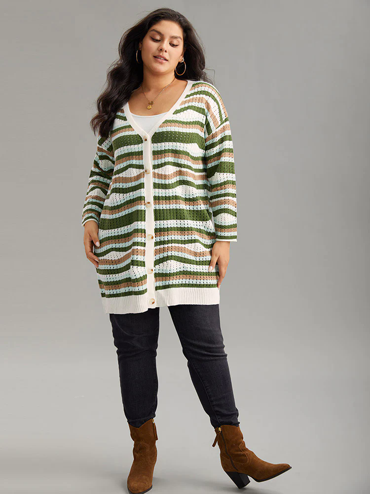 Striped Contrast Button Up Hollow Out Cardigan Striped Contrast Button Up Hollow Out Cardigan