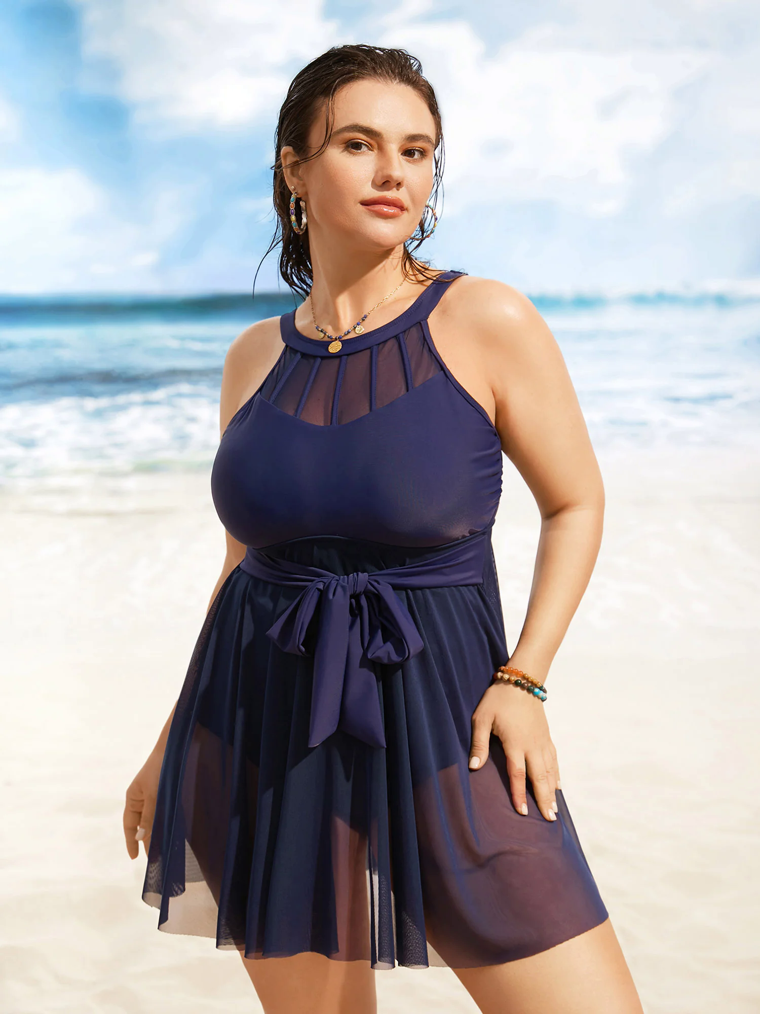 Halter Neck Ties Mesh Patchwork Swim Dress Halter Neck Ties Mesh Patchwork Swim Dress
