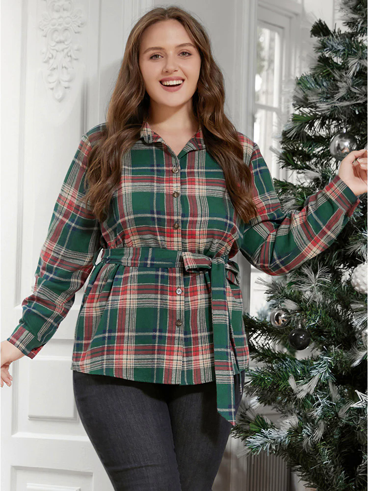 Plaid Button Up Belted Blouse Plaid Button Up Belted Blouse