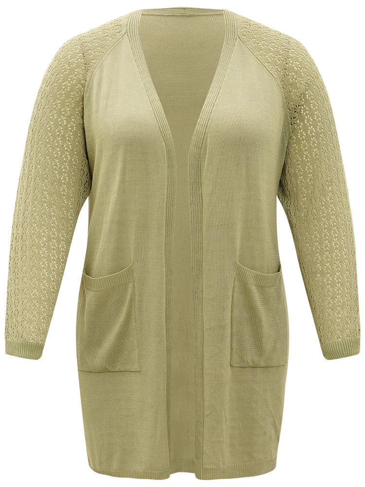 Solid Patched Pocket Geometric Eyelet Raglan Sleeve Cardigan Solid Patched Pocket Geometric Eyelet Raglan Sleeve Cardigan