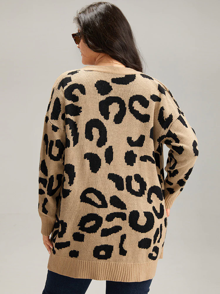 Leopard Elastic Cuffs Drop Shoulder Cardigan Leopard Elastic Cuffs Drop Shoulder Cardigan