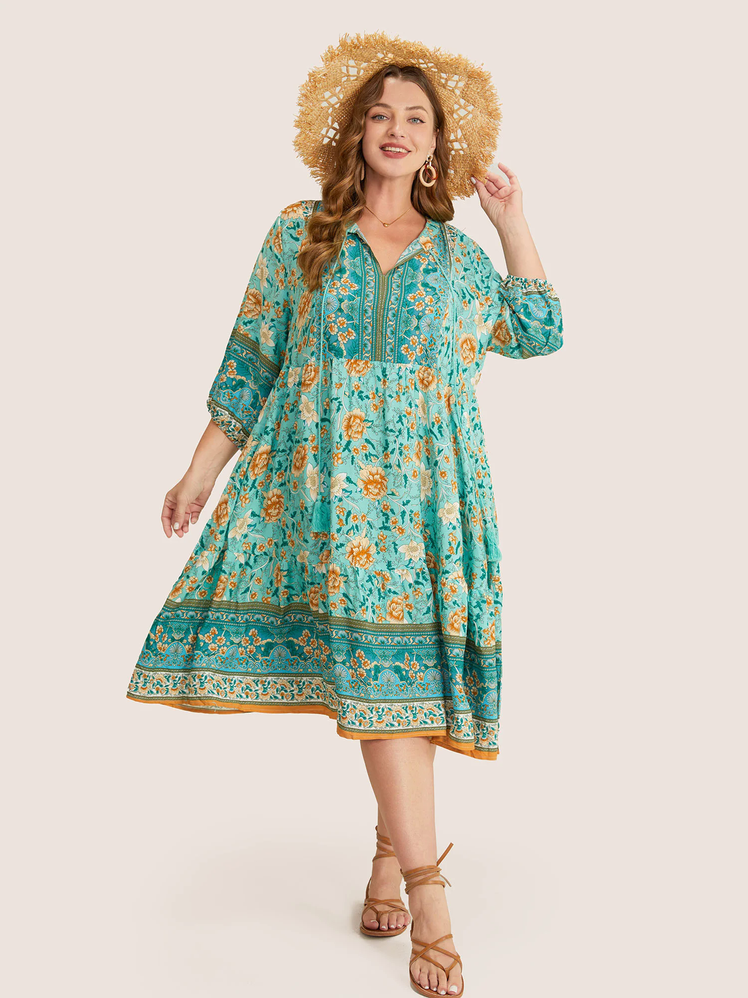 Bandana Tassels Lantern Sleeve Ruffle Pocket Keyhole Neck Dress Bandana Tassels Lantern Sleeve Ruffle Pocket Keyhole Neck Dress