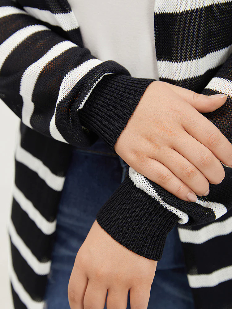 Striped Open Front Elastic Cuffs Drop Shoulder Cardigan Striped Open Front Elastic Cuffs Drop Shoulder Cardigan