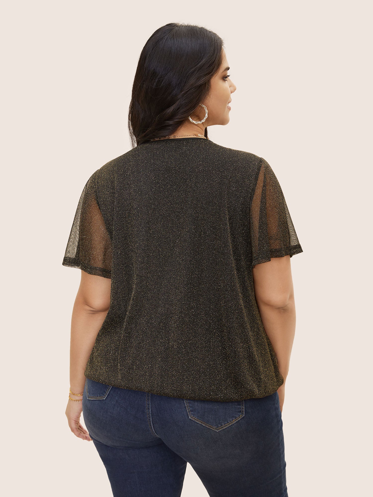Overlap Collar Metallic Luster Knitted Mesh Blouse Overlap Collar Metallic Luster Knitted Mesh Blouse