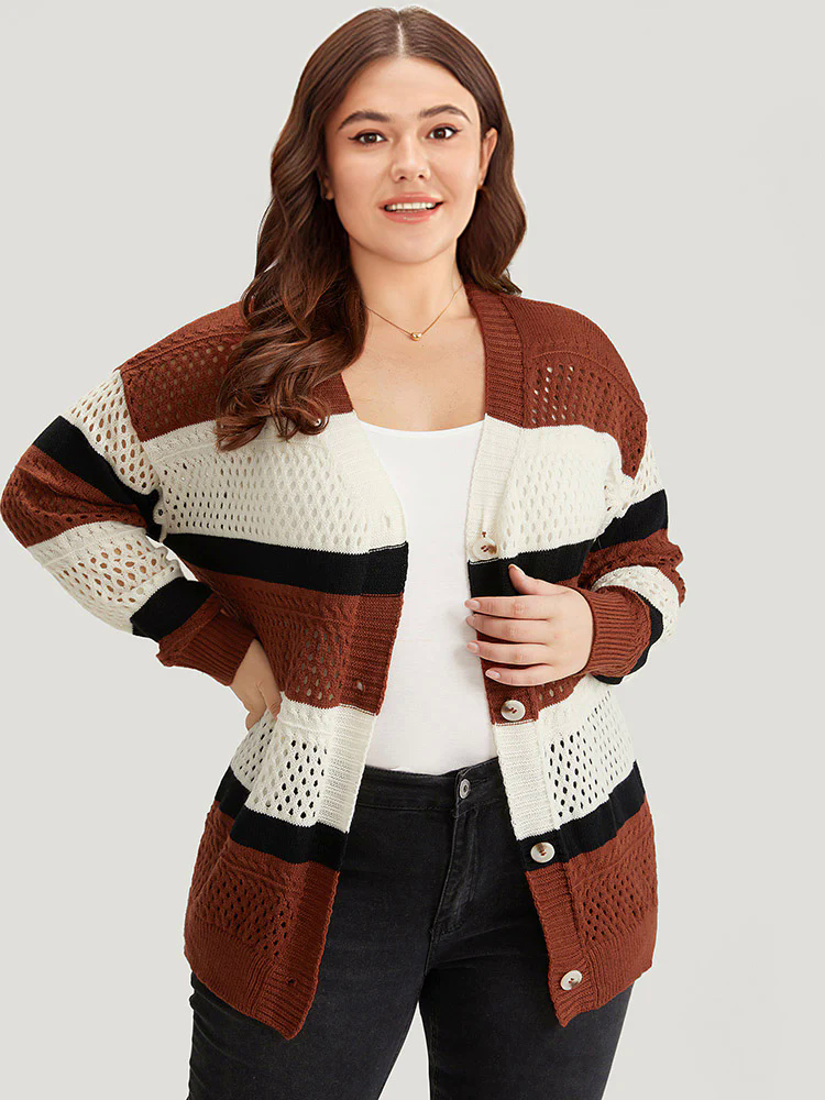 Colorblock Contrast Geo Eyelet Button Through Cardigan Colorblock Contrast Geo Eyelet Button Through Cardigan