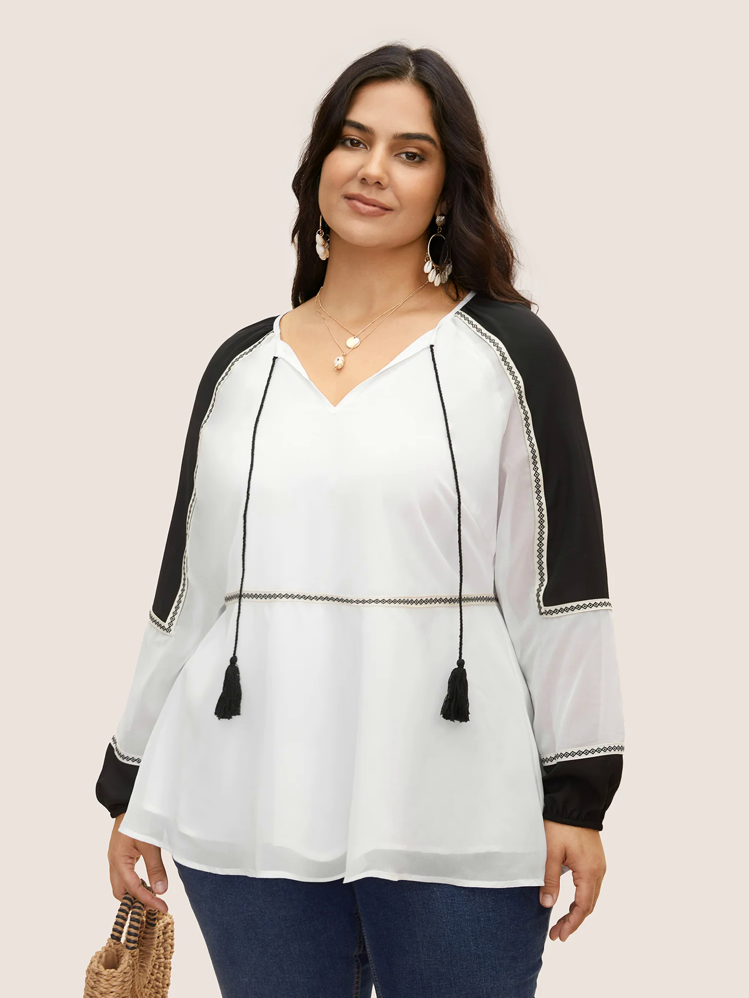 Bandana Contrast Webbing Tassel Tie Knot Blouse Bandana Contrast Webbing Tassel Tie Knot Blouse