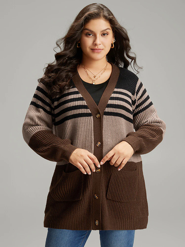 Striped Colorblock Patched Pocket Cardigan Striped Colorblock Patched Pocket Cardigan