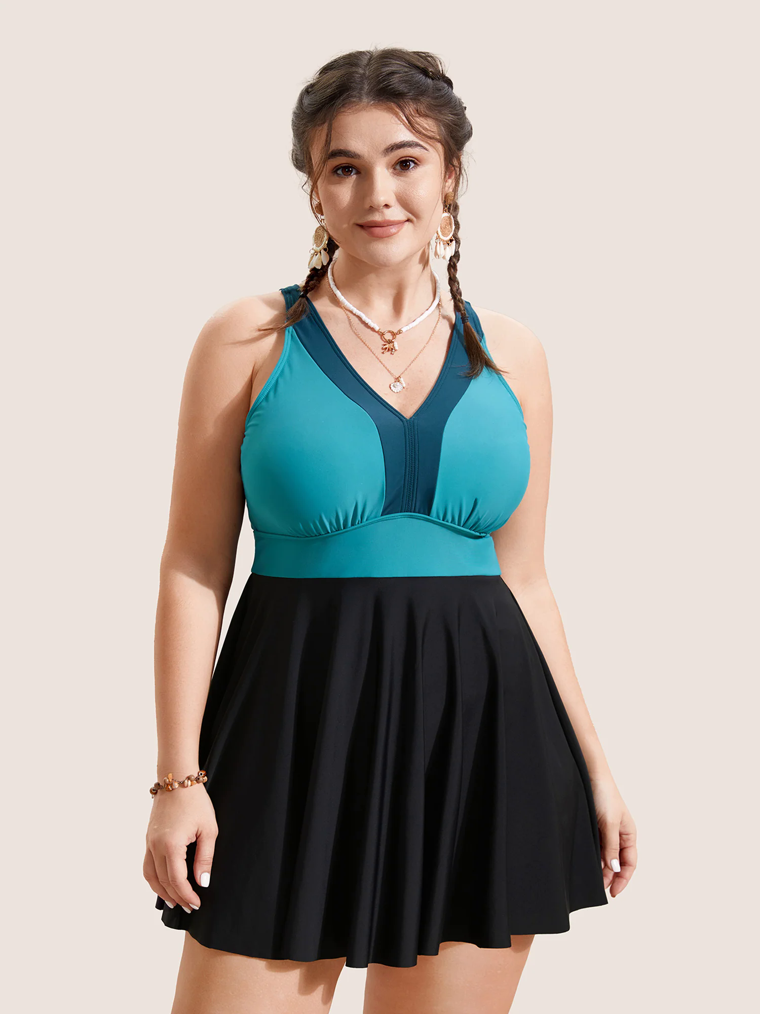V Neck Patchwork Contrast Gathered Swim Dress V Neck Patchwork Contrast Gathered Swim Dress
