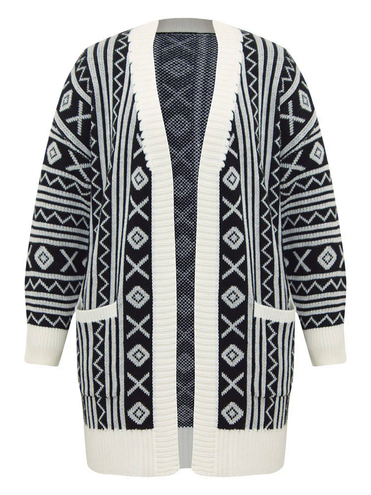 Geometric Bandana Contrast Pocket Cardigan Geometric Bandana Contrast Pocket Cardigan