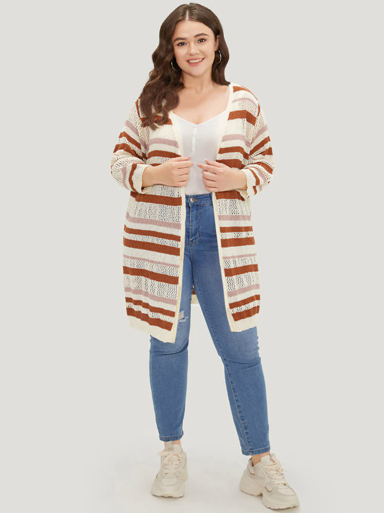 Striped Hollow Out Open Front Split Hem Cardigan Striped Hollow Out Open Front Split Hem Cardigan