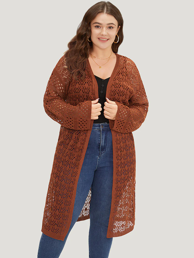 Plain Hollow Out Split Side Maxi Cardigan Plain Hollow Out Split Side Maxi Cardigan