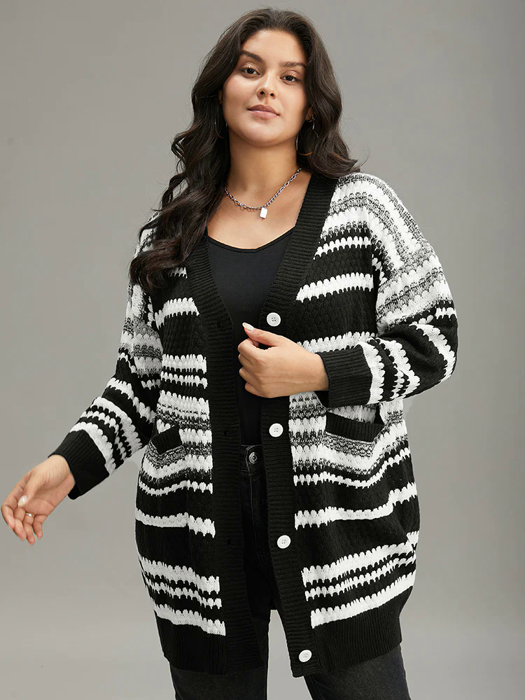 Striped Patched Pocket Button Up Cardigan Striped Patched Pocket Button Up Cardigan