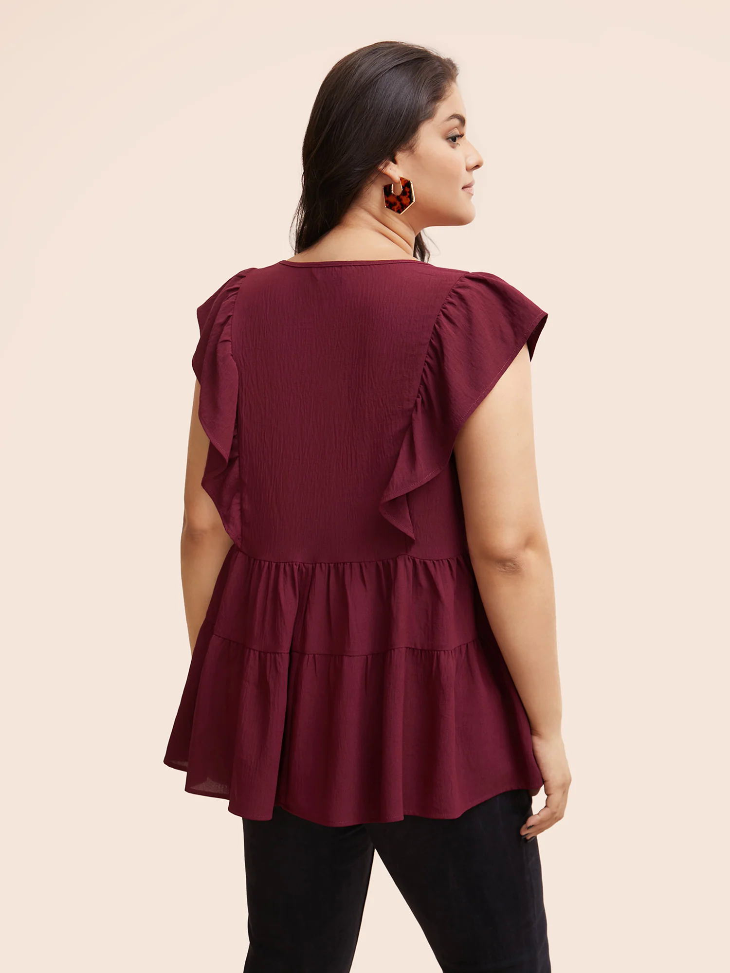 Solid Layered Hem Ruffle Cap Sleeve Blouse Solid Layered Hem Ruffle Cap Sleeve Blouse