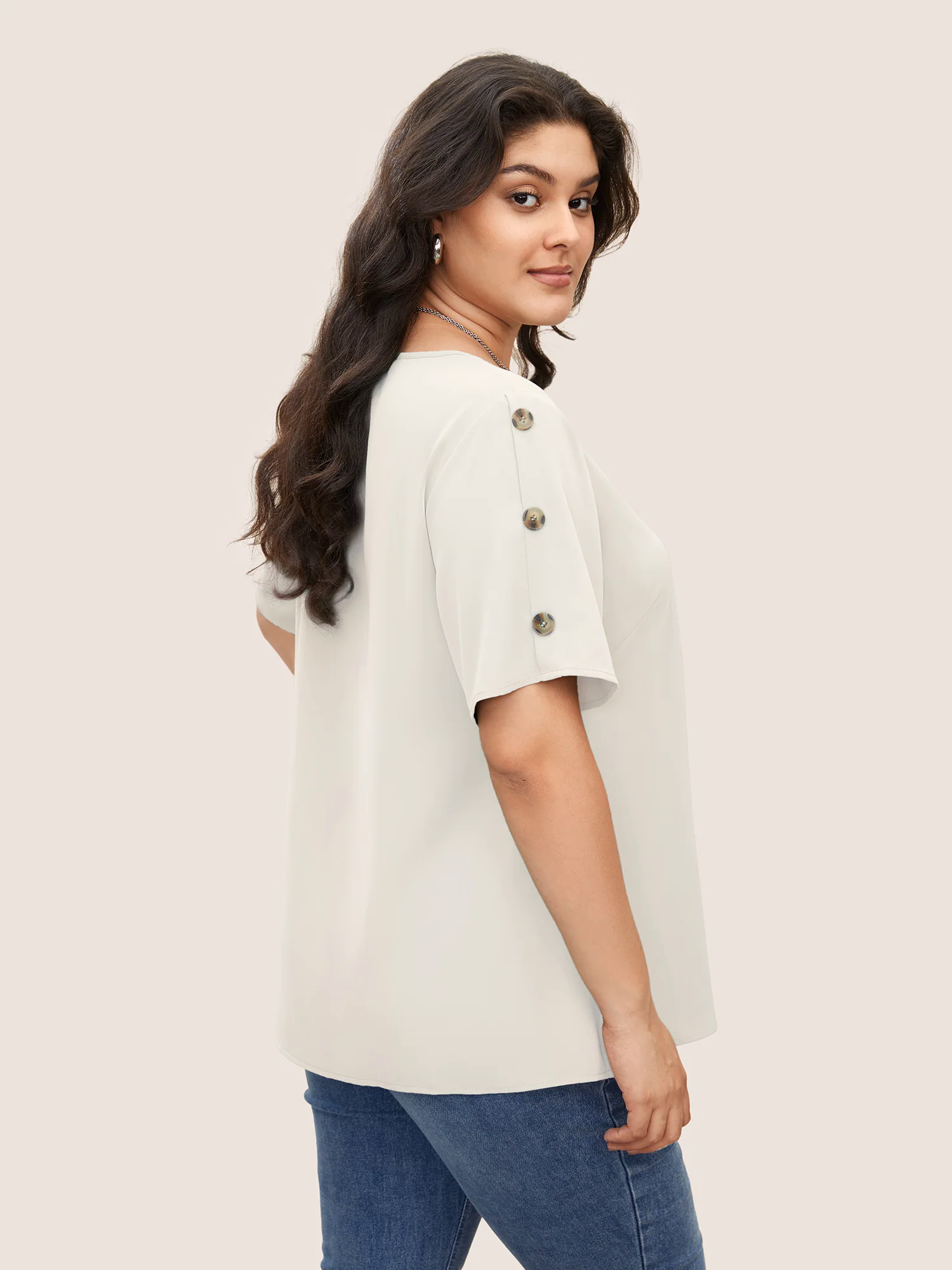 Plain Round Neck Button Detail Blouse Plain Round Neck Button Detail Blouse