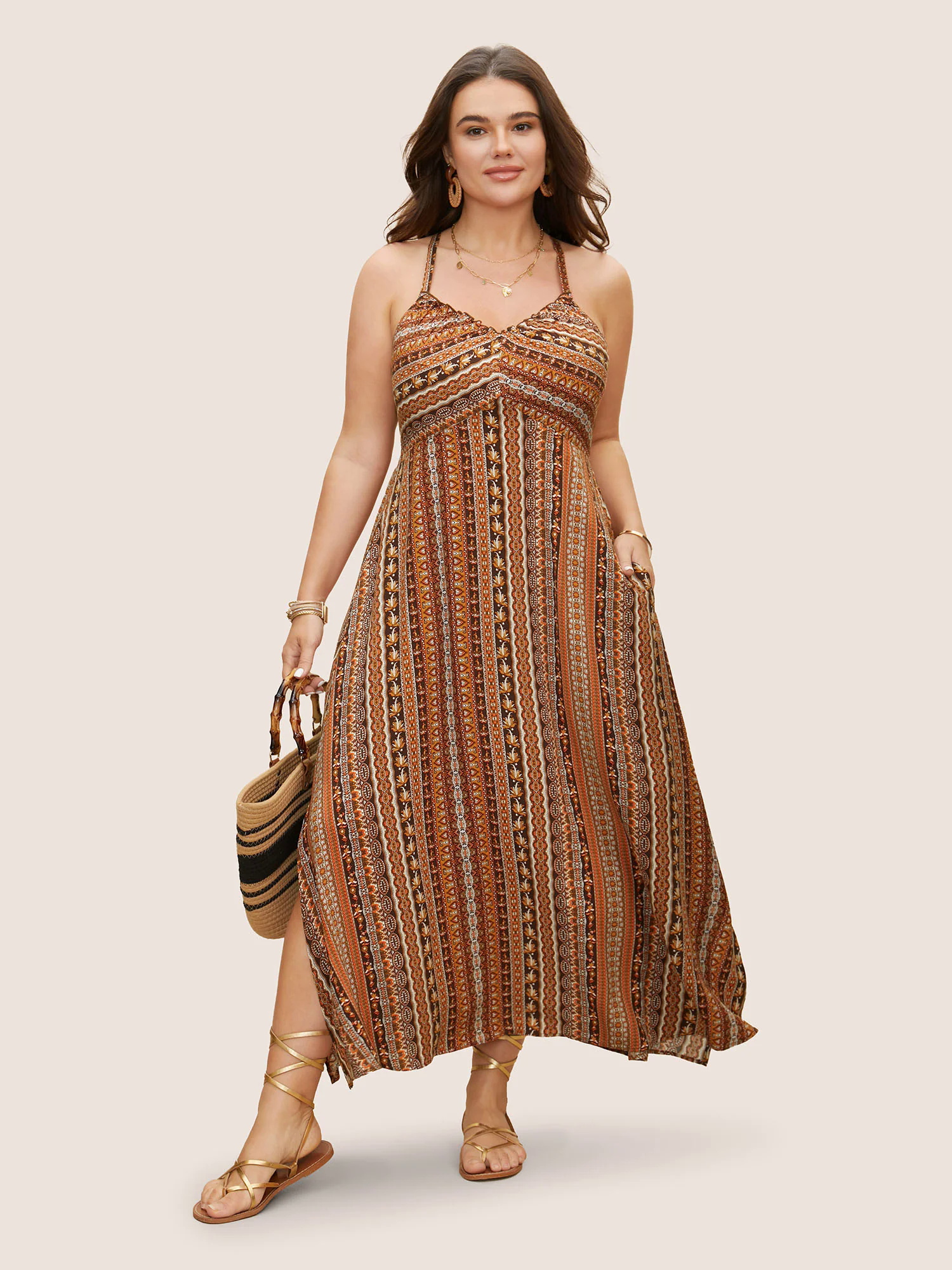 Boho Print Elastic Waist Split Hem Cami Dress Boho Print Elastic Waist Split Hem Cami Dress