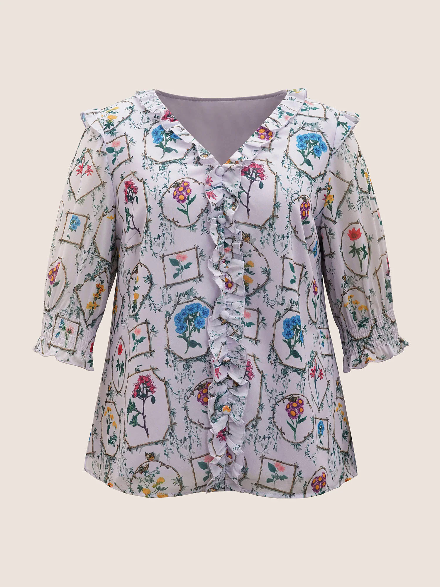 Boho Print Lantern Sleeve Ruffle Trim Blouse Boho Print Lantern Sleeve Ruffle Trim Blouse