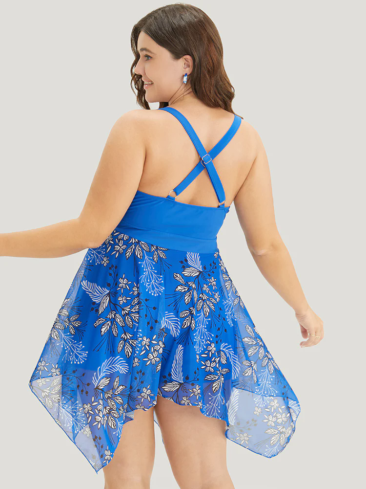 Floral Drawstring Crisscross Back Hanky Hem Swim Dress Floral Drawstring Crisscross Back Hanky Hem Swim Dress