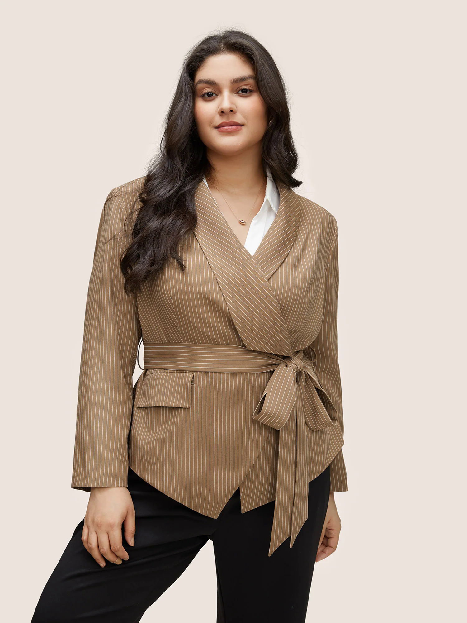 Striped Asymmetrical Hem Belted Flap Pocket Blazer Striped Asymmetrical Hem Belted Flap Pocket Blazer