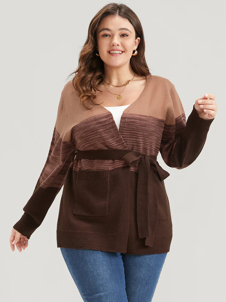 Colorblock Contrast Pointelle Knit Pocket Belted Open Front Cardigan Colorblock Contrast Pointelle Knit Pocket Belted Open Front Cardigan