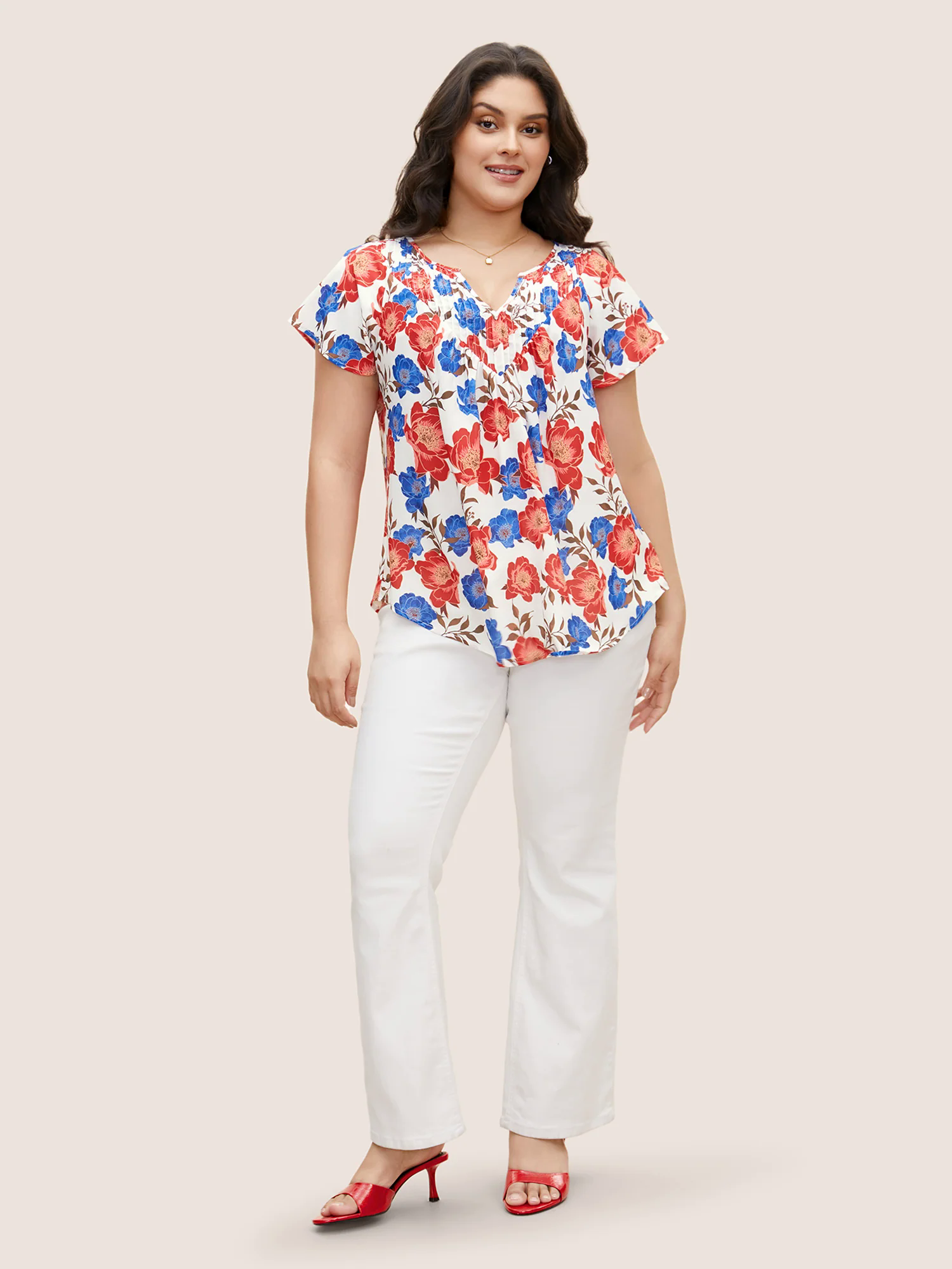 Floral Notched Collar Pleated Raglan Sleeve Blouse Floral Notched Collar Pleated Raglan Sleeve Blouse
