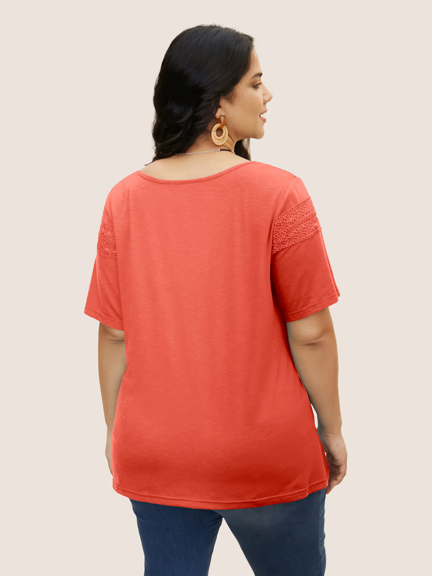 Plain V Neck Lace Panel T-shirt Plain V Neck Lace Panel T-shirt