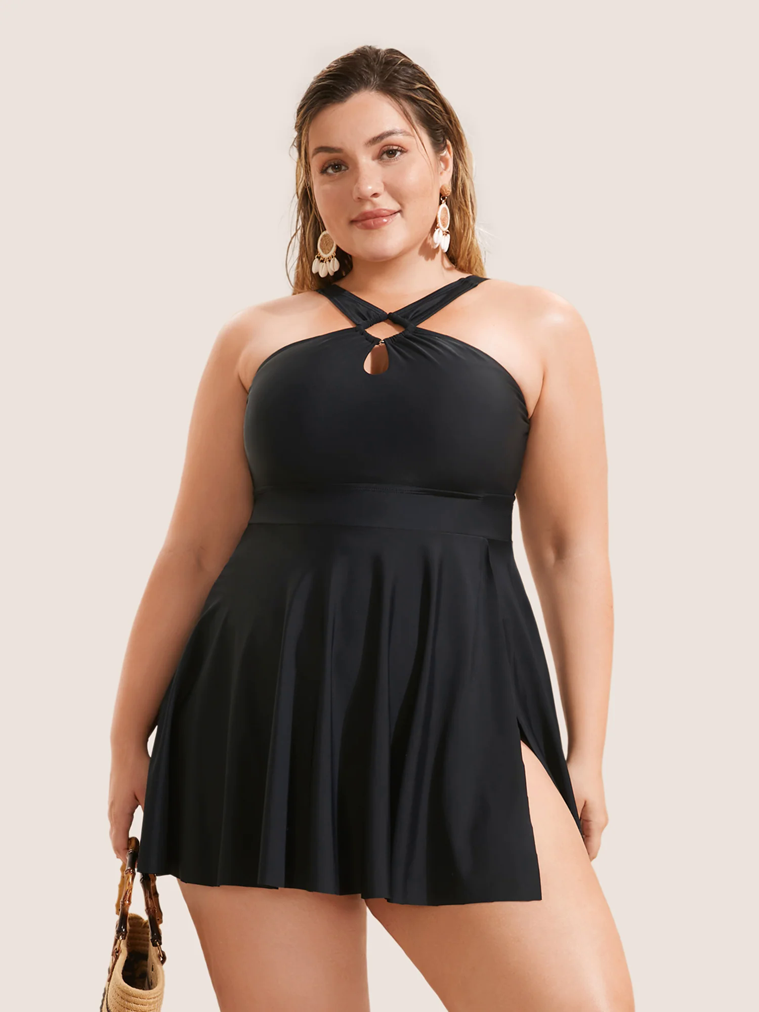 Plain Cut Out Split Side Swim Dress Plain Cut Out Split Side Swim Dress