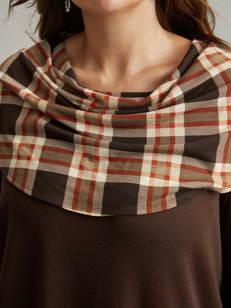 Halloween Plaid Patchwork Cowl Neck T-shirt Halloween Plaid Patchwork Cowl Neck T-shirt