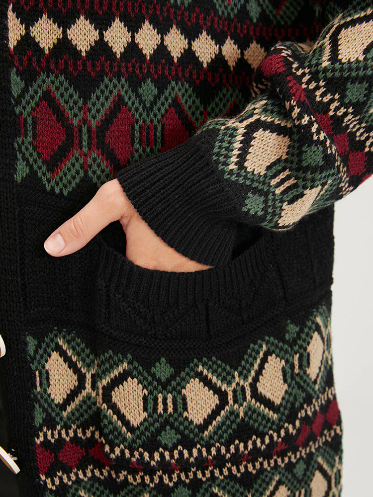 Geometric Contrast Pointelle Knit Pocket Jacquard Button Front Cardigan Geometric Contrast Pointelle Knit Pocket Jacquard Button Front Cardigan
