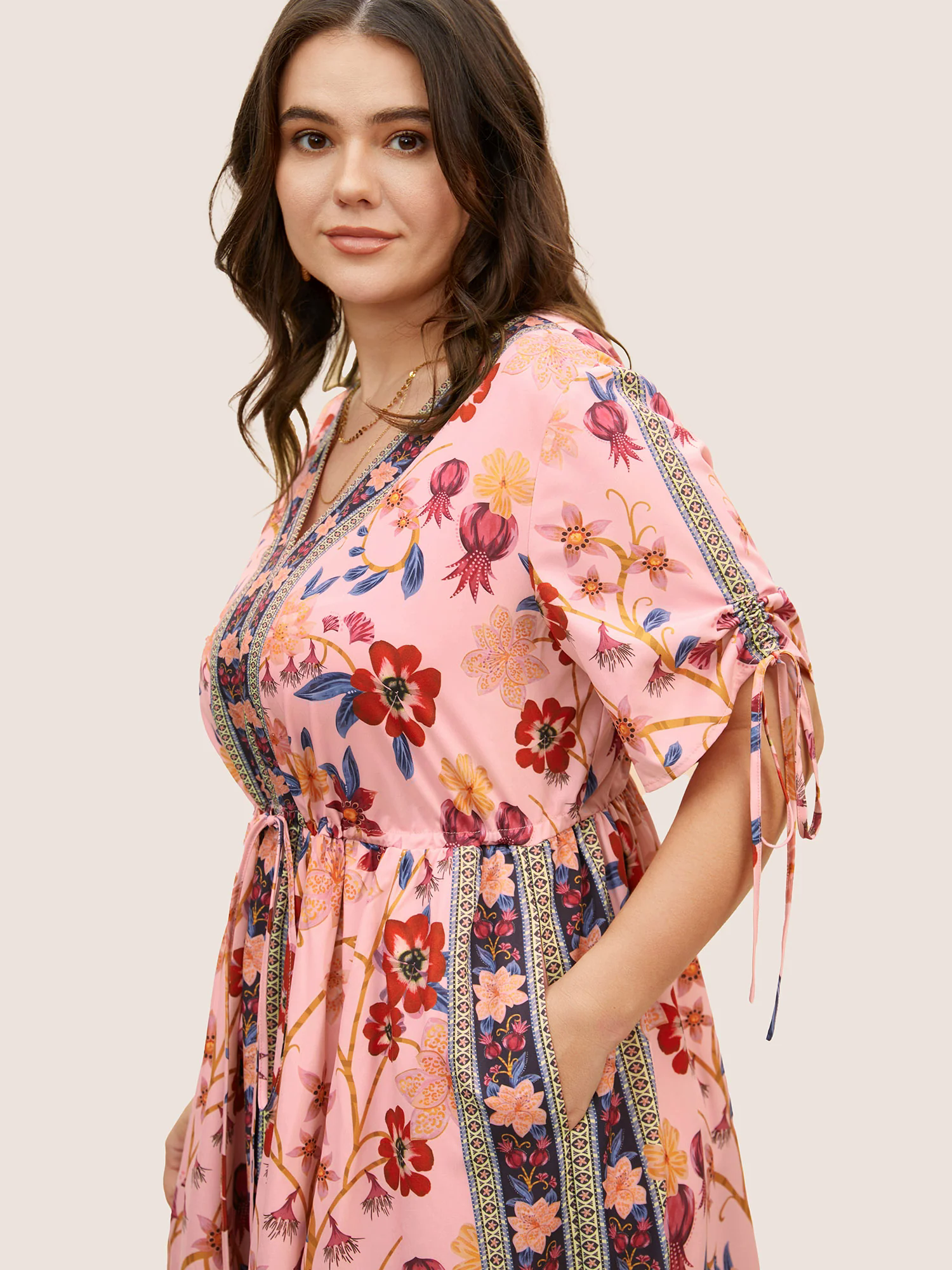 Boho Print V Neck Drawstring Dress Boho Print V Neck Drawstring Dress