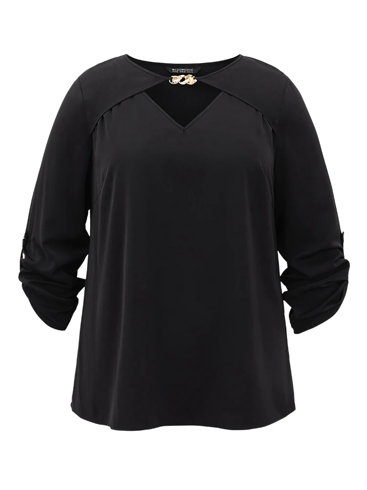 Static-Free Plain Keyhole Chain Detail Blouse Static-Free Plain Keyhole Chain Detail Blouse