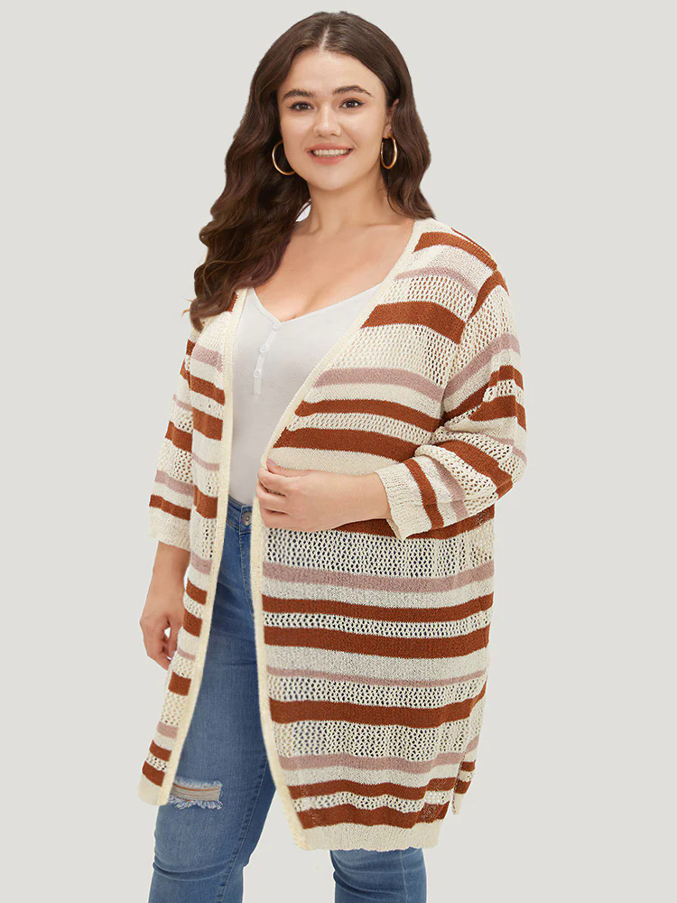 Striped Hollow Out Open Front Split Hem Cardigan Striped Hollow Out Open Front Split Hem Cardigan