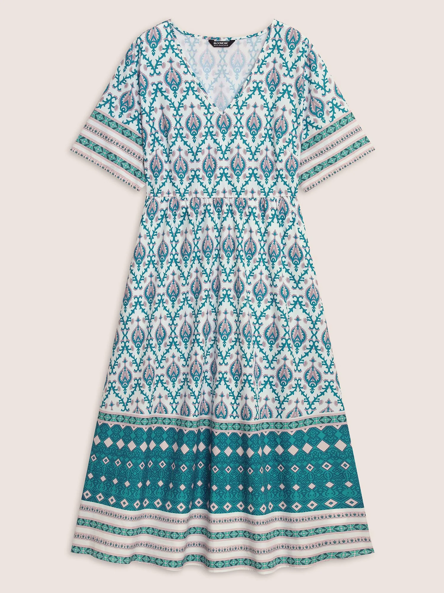 V Neck Boho Print Ruffle Sleeve Midi Dress V Neck Boho Print Ruffle Sleeve Midi Dress
