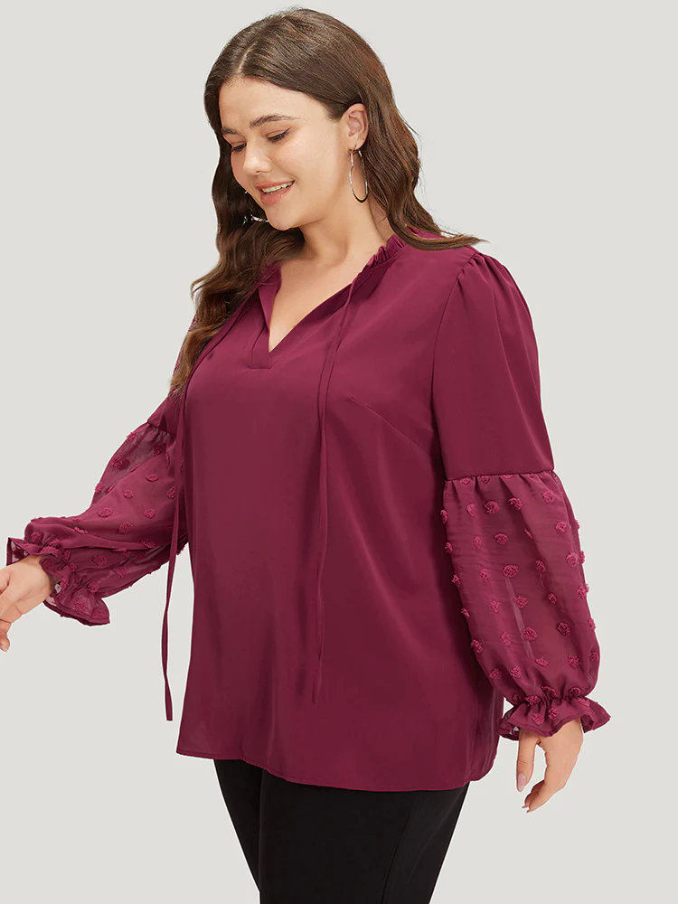 Anti-Wrinkle Plain Knot Neck Frill Trim Lantern Sleeve Blouse