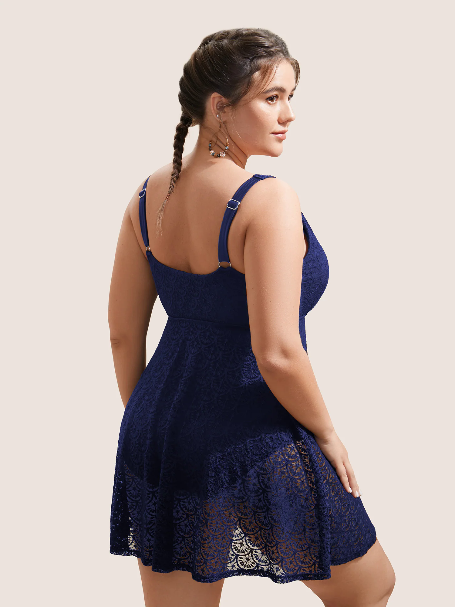 Solid Crochet Lace Mesh Adjustable Straps Swim Dress Solid Crochet Lace Mesh Adjustable Straps Swim Dress