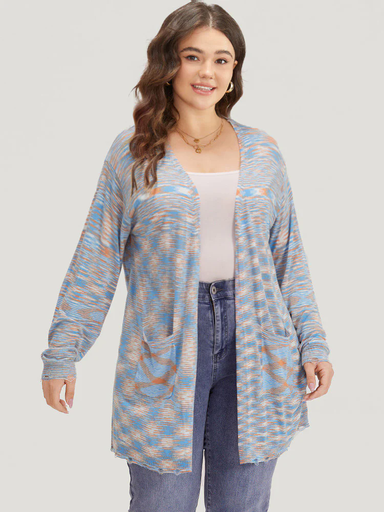 Ombre Pocket Open Front Ripped Hem Cardigan Ombre Pocket Open Front Ripped Hem Cardigan