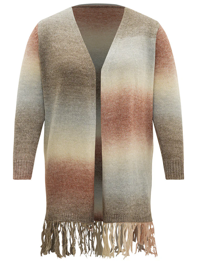 Ombre Fringe Trim Open Front Cardigan Ombre Fringe Trim Open Front Cardigan