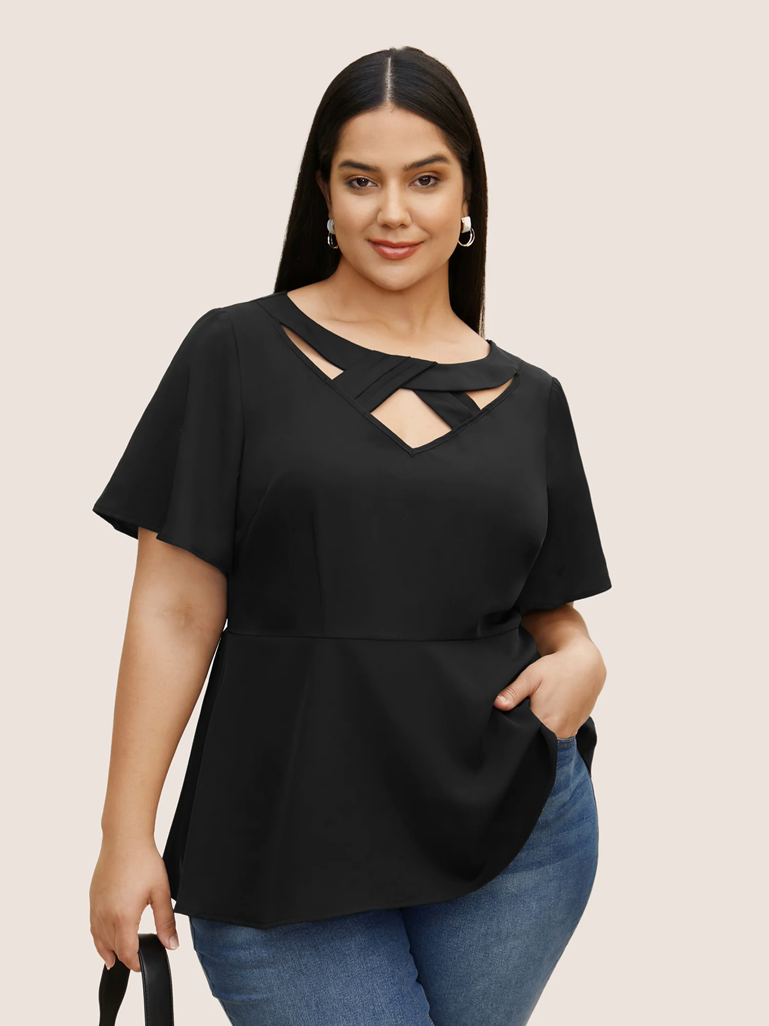 Plain Cut Out Gathered Flutter Sleeve Blouse Plain Cut Out Gathered Flutter Sleeve Blouse
