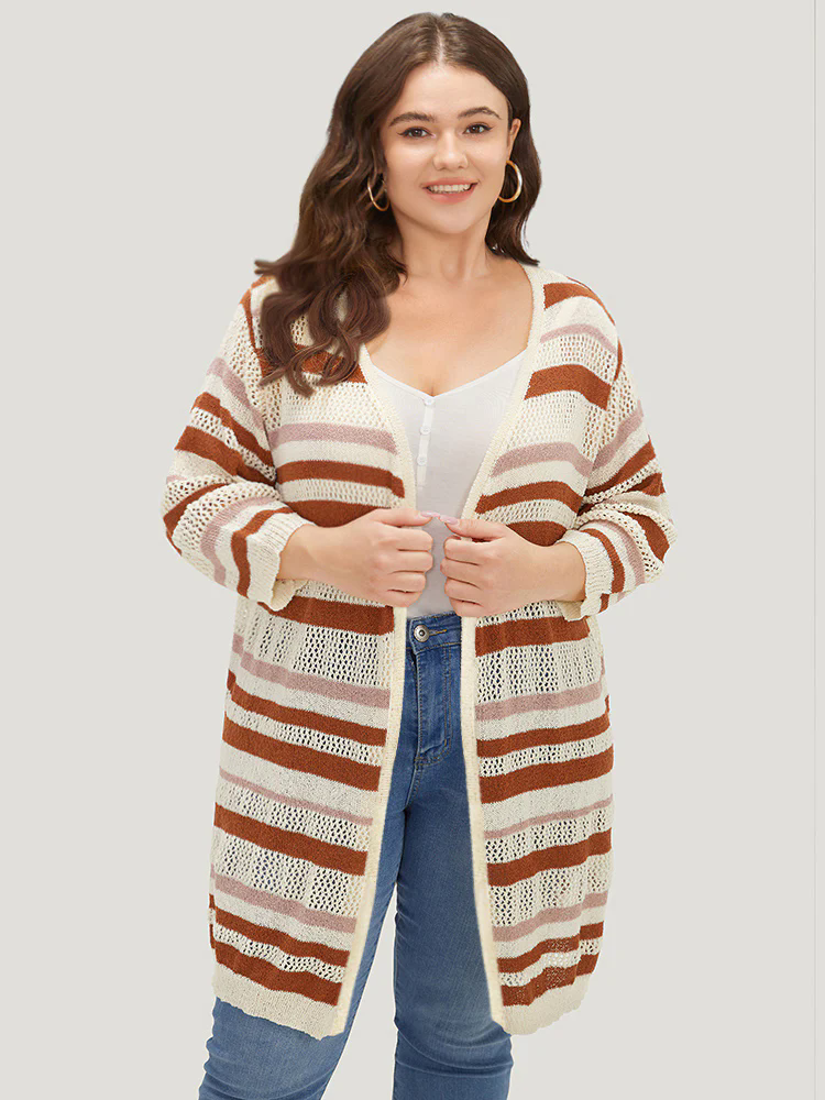 Striped Hollow Out Open Front Split Hem Cardigan Striped Hollow Out Open Front Split Hem Cardigan