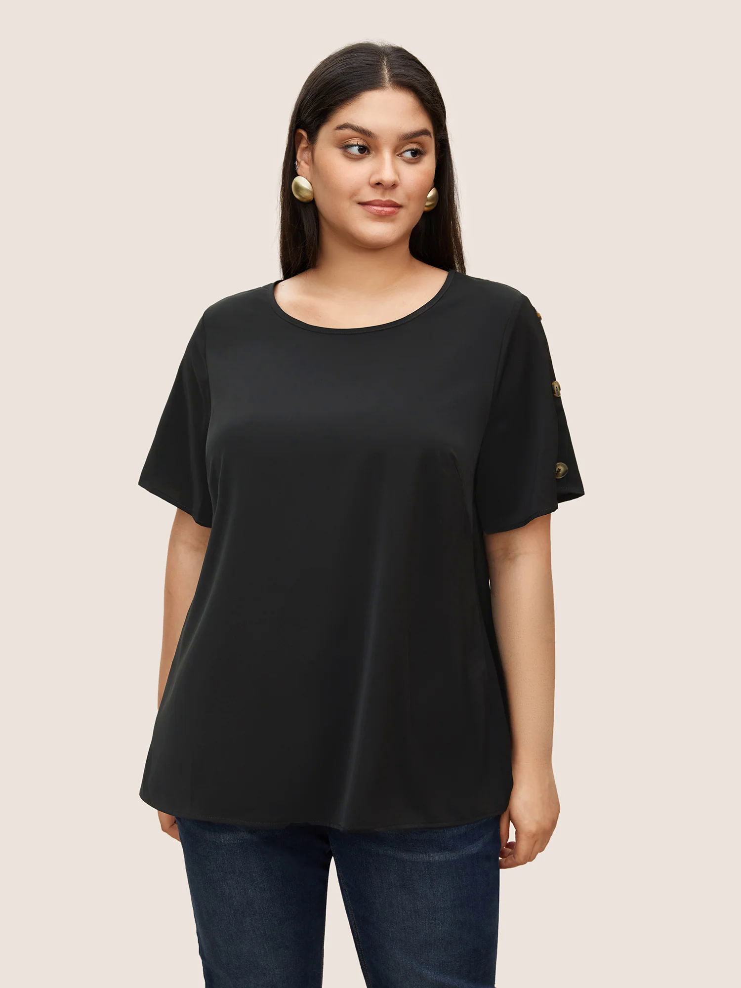 Plain Round Neck Button Detail Blouse Plain Round Neck Button Detail Blouse