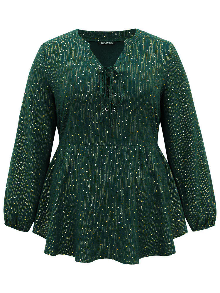 Glitter Lantern Sleeve Elastic Waist Lace Up Blouse Glitter Lantern Sleeve Elastic Waist Lace Up Blouse